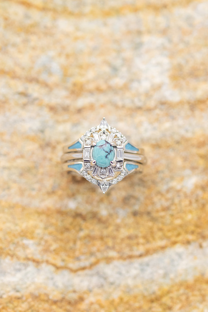 "CLEOPATRA" - BRIDAL SUITE - OVAL TURQUOISE & DIAMOND HALO ENGAGEMENT RING WITH TRACERS