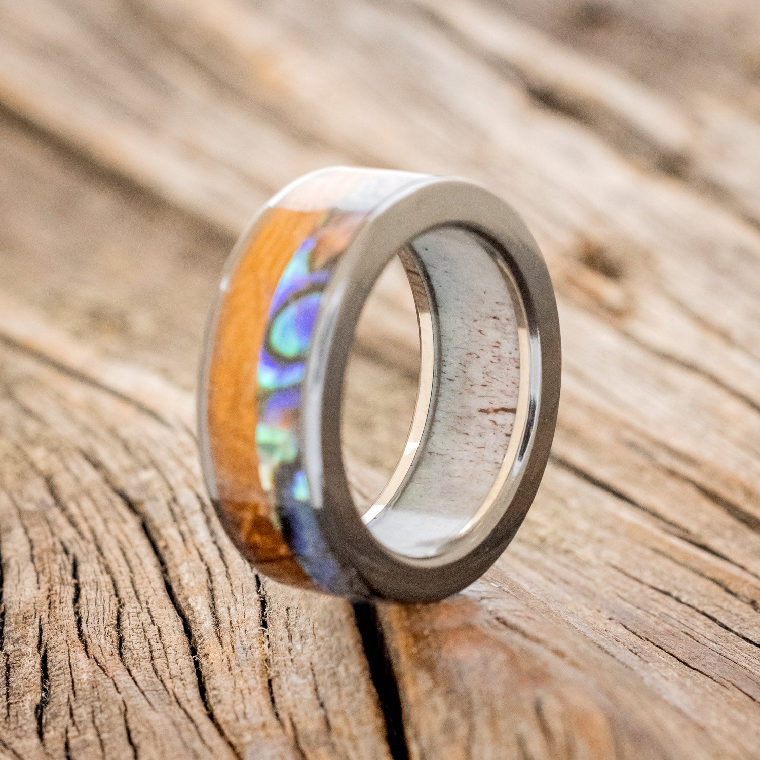 "FLYNN" - PAUA SHELL & WHISKEY BARREL OAK WEDDING RING WITH ANTLER LINED BAND-10