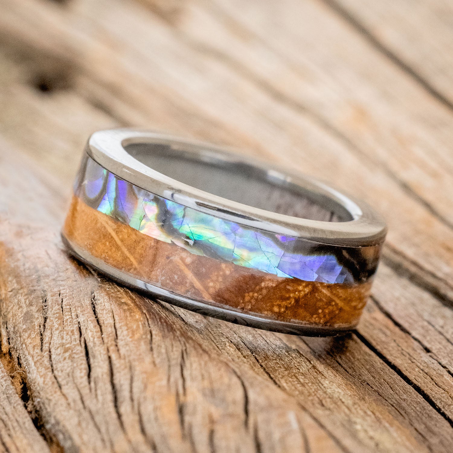 "FLYNN" - PAUA SHELL & WHISKEY BARREL OAK WEDDING RING WITH ANTLER LINED BAND-8