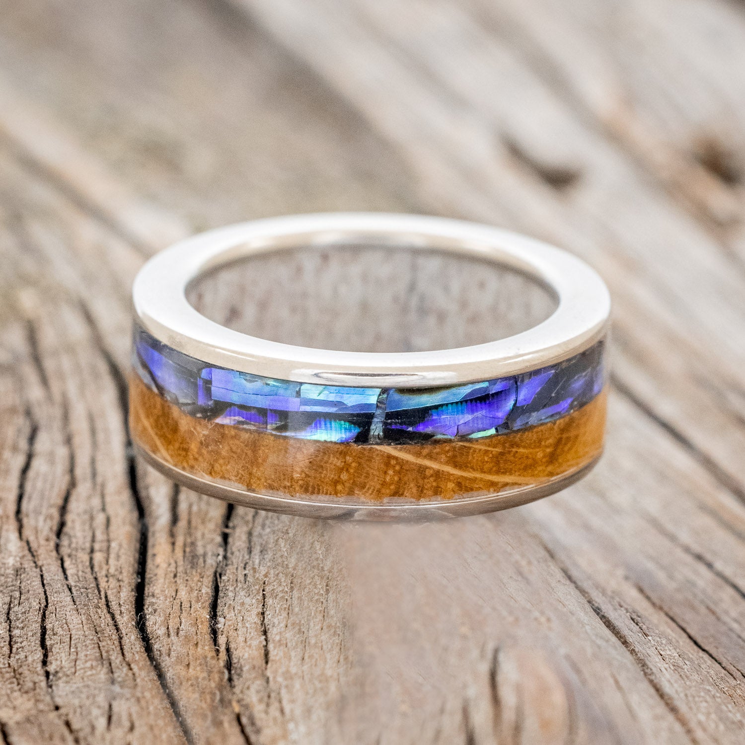 "FLYNN" - PAUA SHELL & WHISKEY BARREL OAK WEDDING RING WITH ANTLER LINED BAND-4