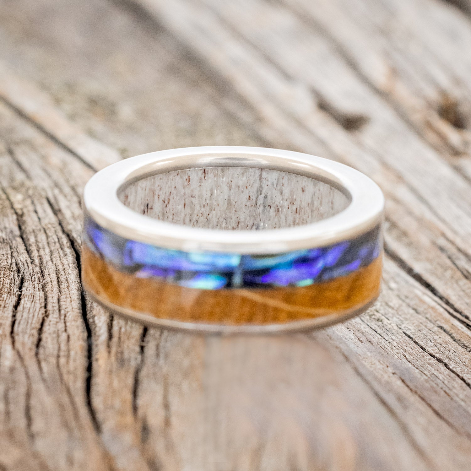 "FLYNN" - PAUA SHELL & WHISKEY BARREL OAK WEDDING RING WITH ANTLER LINED BAND-6
