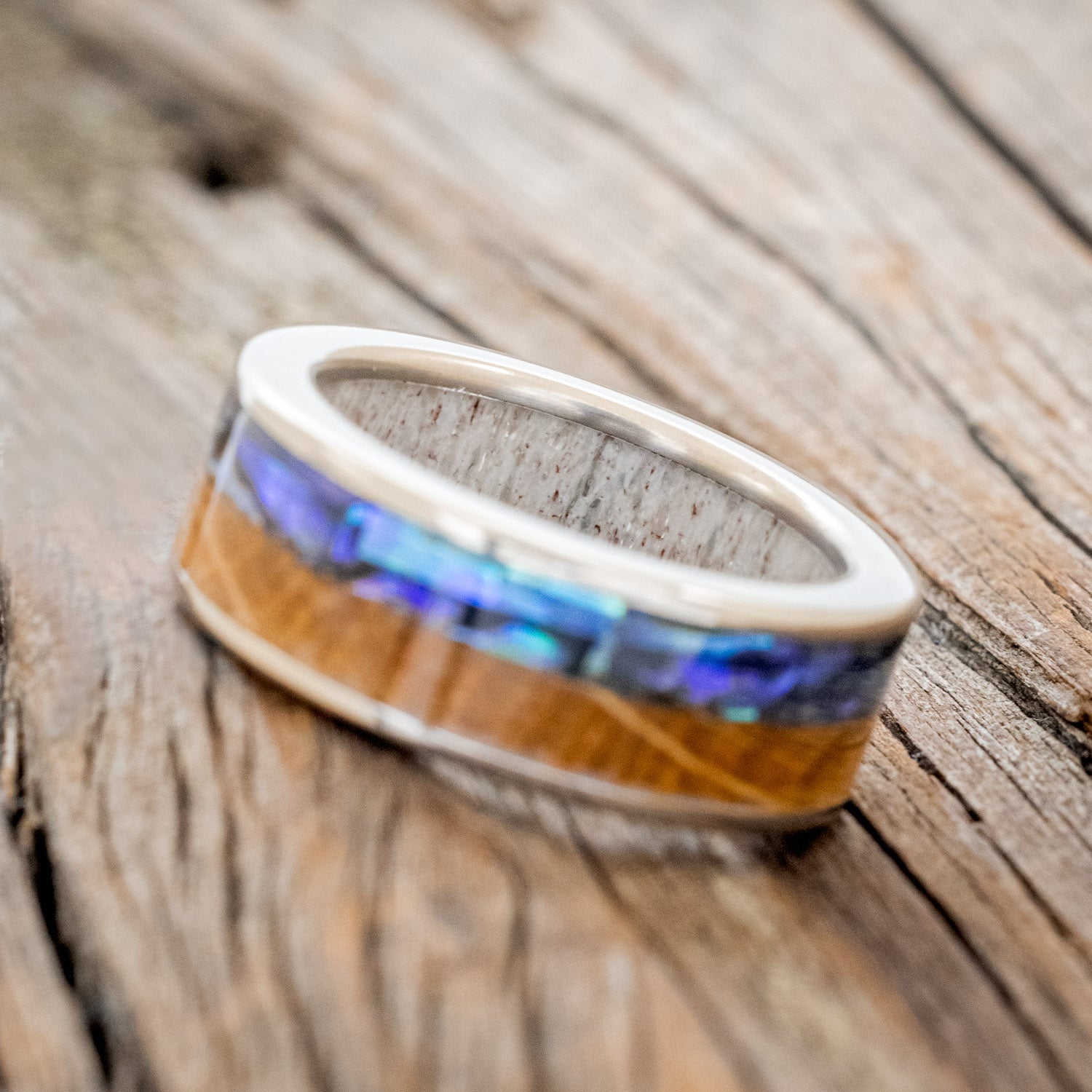 "FLYNN" - PAUA SHELL & WHISKEY BARREL OAK WEDDING RING WITH ANTLER LINED BAND-5