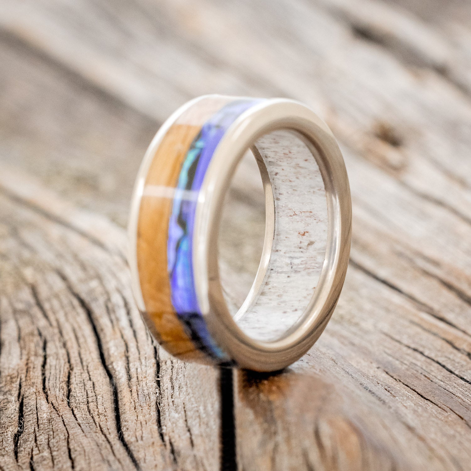 "FLYNN" - PAUA SHELL & WHISKEY BARREL OAK WEDDING RING WITH ANTLER LINED BAND-2