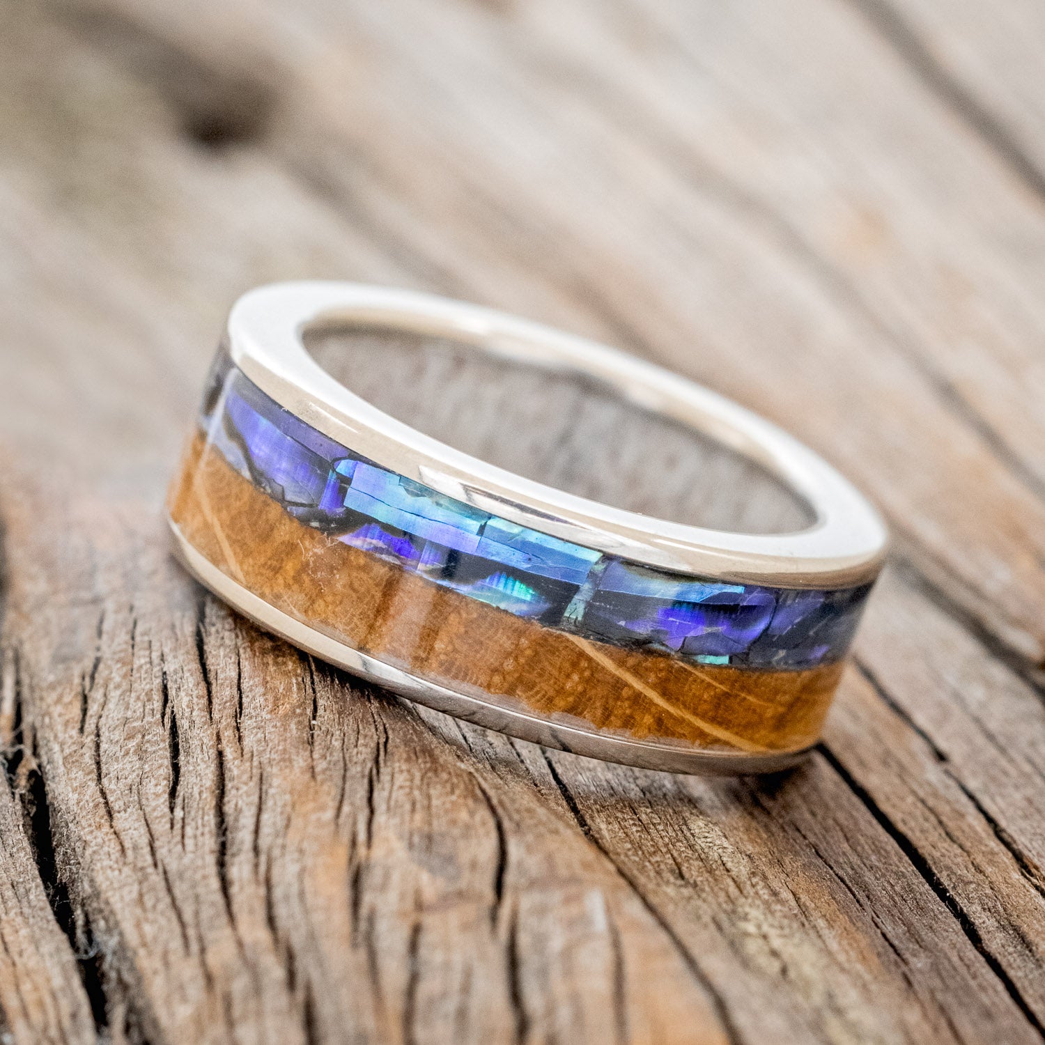 "FLYNN" - PAUA SHELL & WHISKEY BARREL OAK WEDDING RING WITH ANTLER LINED BAND-3