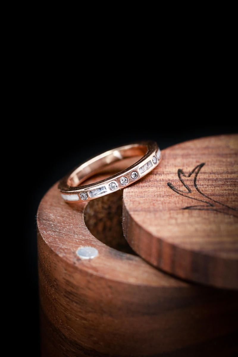 Shown here is A handcrafted women's stacking band featuring diamonds and antler inlays. Additional inlay options are available upon request.