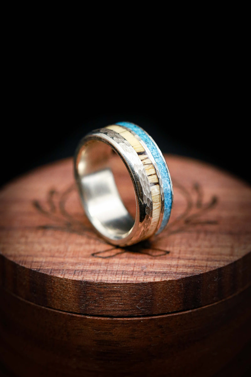 SPALTED MAPLE & TURQUOISE WEDDING RING WITH HAMMERED FINISH