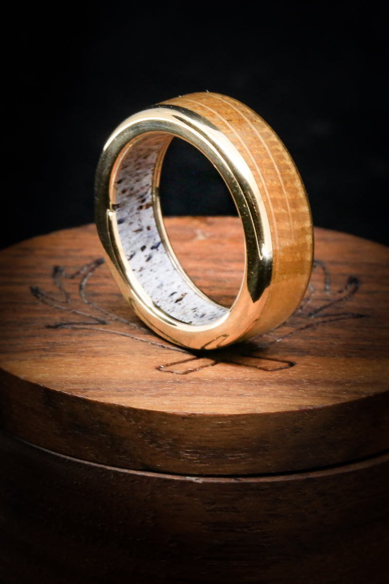 "EZRA" - WHISKEY BARREL OAK WEDDING RING FEATURING AN ANTLER LINED BAND