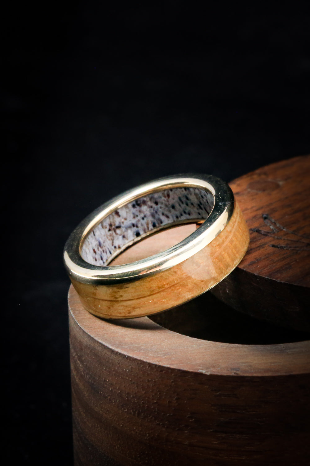 "EZRA" - WHISKEY BARREL OAK WEDDING RING FEATURING AN ANTLER LINED BAND-17