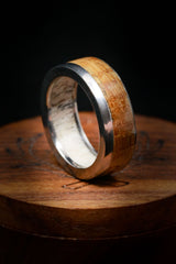 Shown here is "Ezra", a custom, handcrafted men's wood-lined wedding ring featuring whiskey barrel wood overlay and an antler liner, shown here on a titanium band. Additional inlay options are available upon request.-Antler & Wood Wedding Ring - Custom Men's Wedding Bands - Staghead Designs