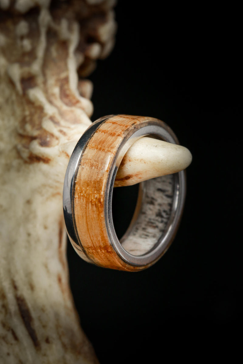 "EZRA" - WHISKEY BARREL OAK WEDDING RING FEATURING AN ANTLER LINED BAND - READY TO SHIP-9