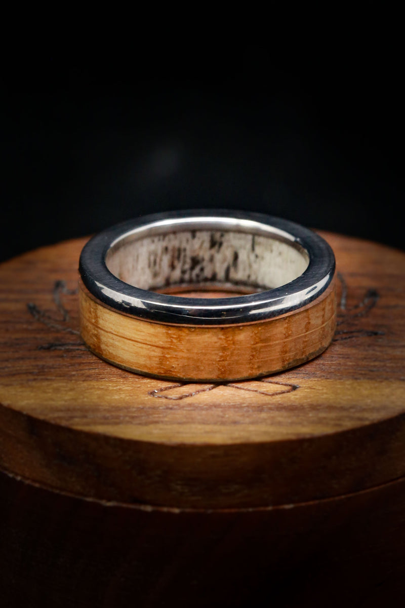 "EZRA" - WHISKEY BARREL OAK WEDDING RING FEATURING AN ANTLER LINED BAND - READY TO SHIP-8