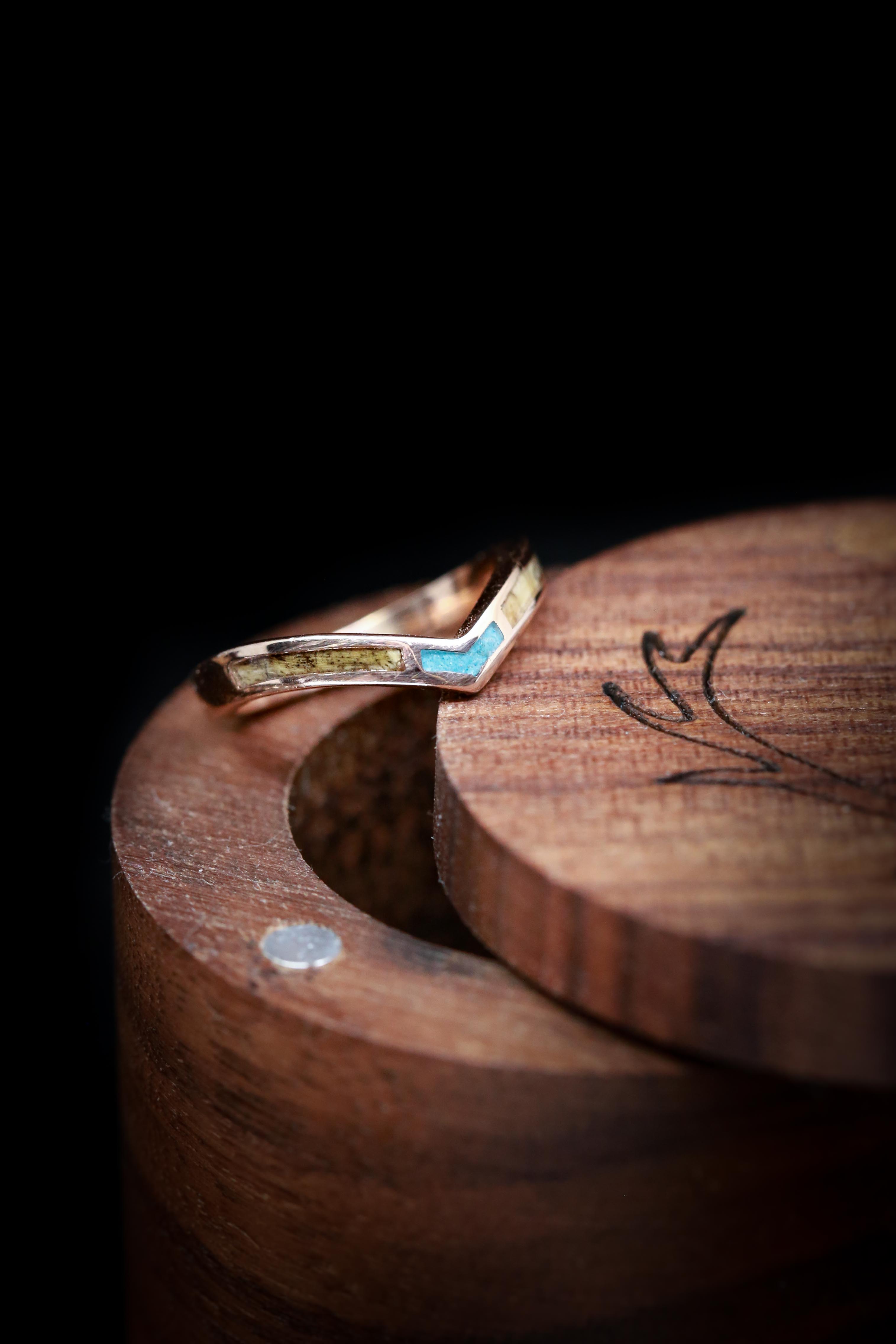 "KIDA" - BUCKEYE BURL WOOD & TURQUOISE INLAYS STACKING BAND-9