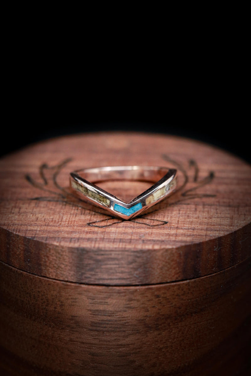 Shown here is "Kida", a custom, handcrafted v-shaped women's stacking band featuring a centered turquoise inlay and offset buckeye burl wood inlays.-Women's Turquoise Wedding Band with Buckeye Burl Wood Inlays - Staghead Designs