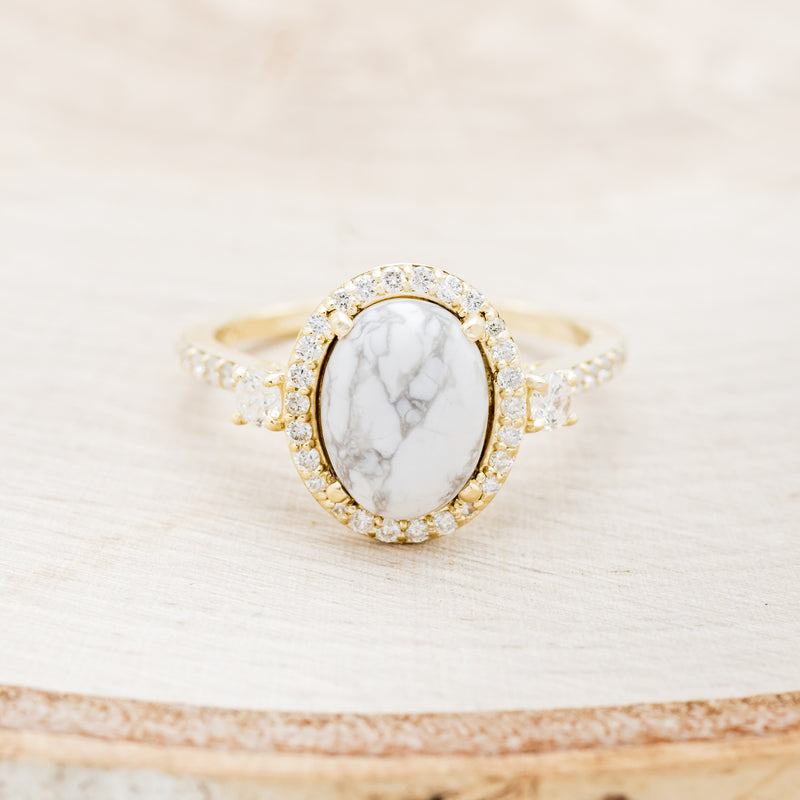 "KB" - OVAL WHITE BUFFALO TURQUOISE ENGAGEMENT RING WITH DIAMOND ACCENTS & TRACER