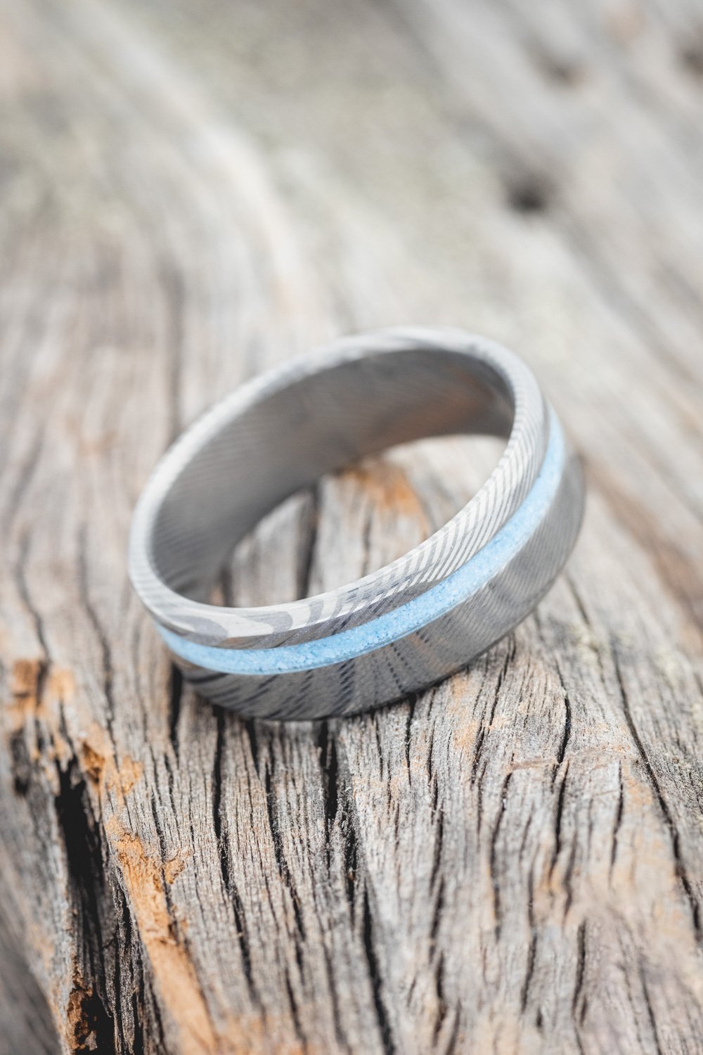 "VERTIGO" - TURQUOISE WEDDING BAND - DAMASCUS STEEL - SIZE 10 1/2-2