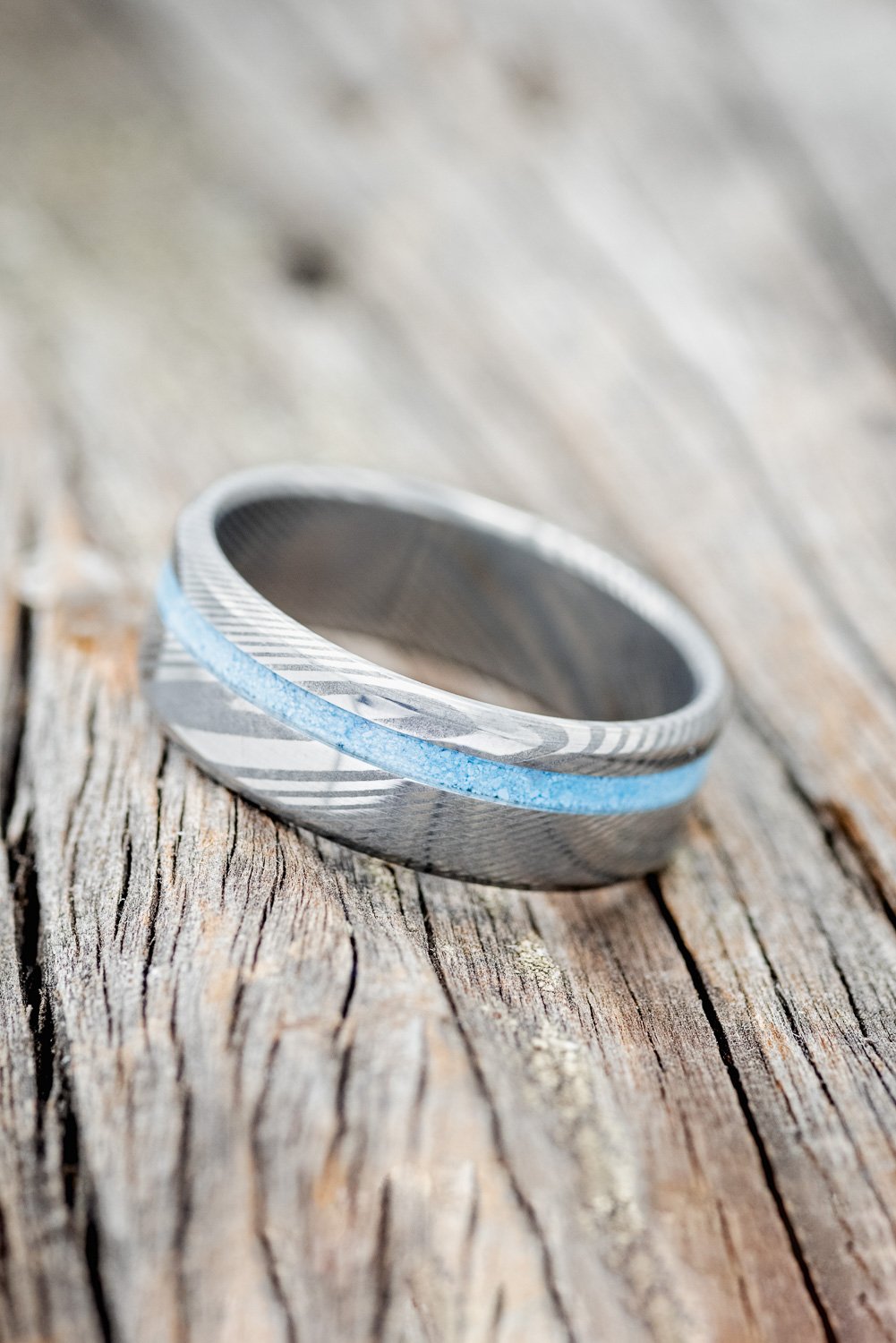 "VERTIGO" - TURQUOISE WEDDING BAND - DAMASCUS STEEL - SIZE 10 1/2-3
