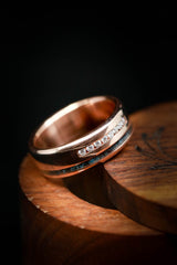 Shown here is A custom, handcrafted men's wedding ring featuring a patina copper inlay in one channel and a separate channel of 8 round diamonds. Additional inlay options are available upon request.-Custom Copper Wedding Ring - Patina Copper & Diamond Wedding Band - Staghead Designs