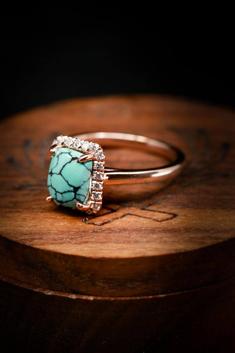Shown here is  A halo-style turquoise women's engagement ring with delicate and ornate details and is available with many center stone options-Handmade Turquoise Engagement Ring with Diamonds - Staghead Designs