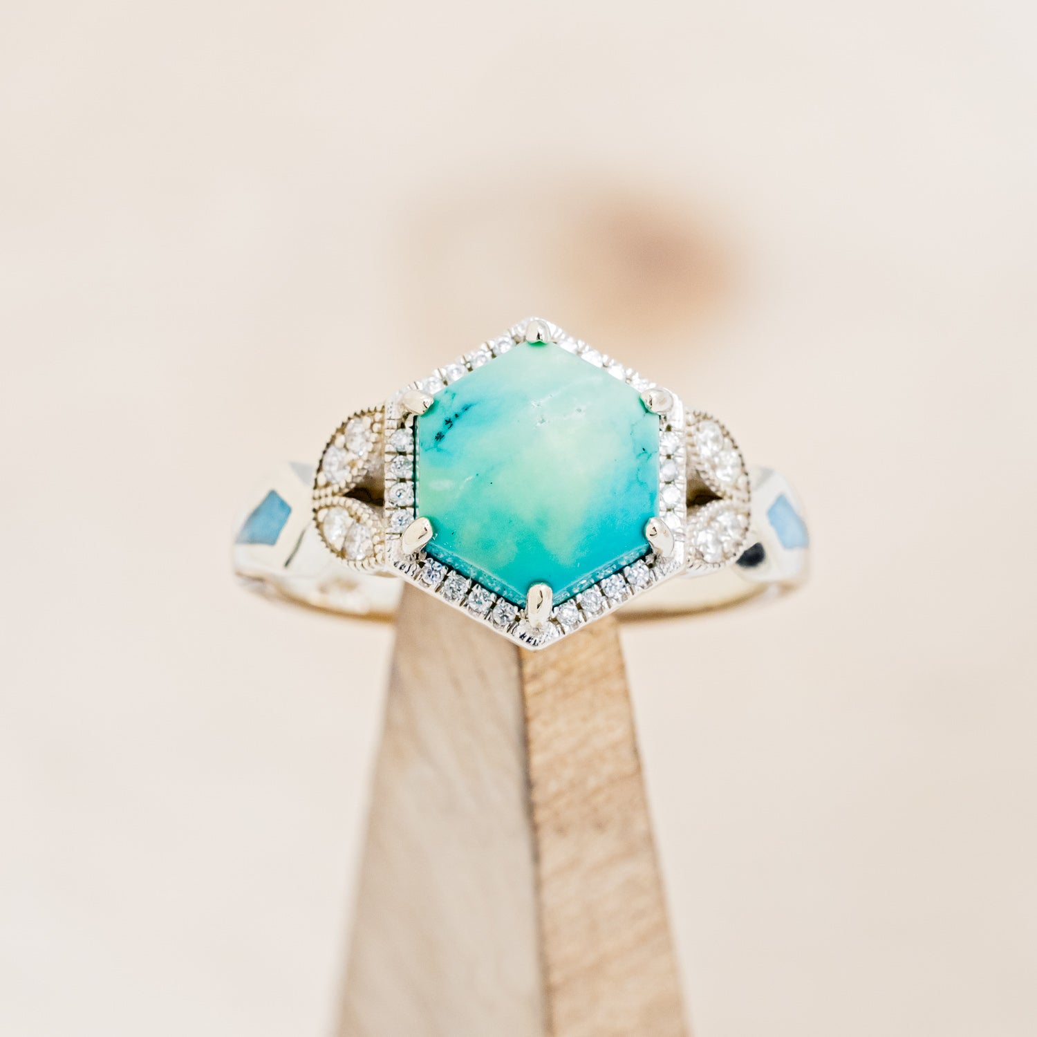 "LUCY IN THE SKY" - HEXAGON TURQUOISE ENGAGEMENT RING WITH DIAMOND ACCENTS & TURQUOISE INLAYS-13