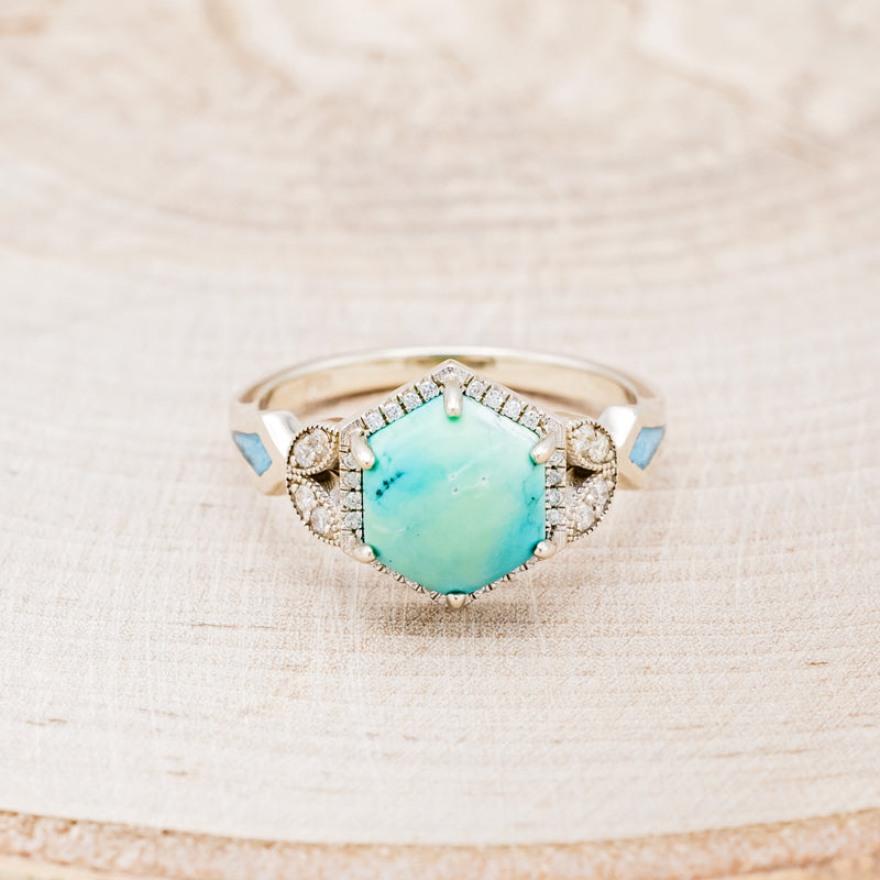 "LUCY IN THE SKY" - HEXAGON TURQUOISE ENGAGEMENT RING WITH DIAMOND ACCENTS & TURQUOISE INLAYS