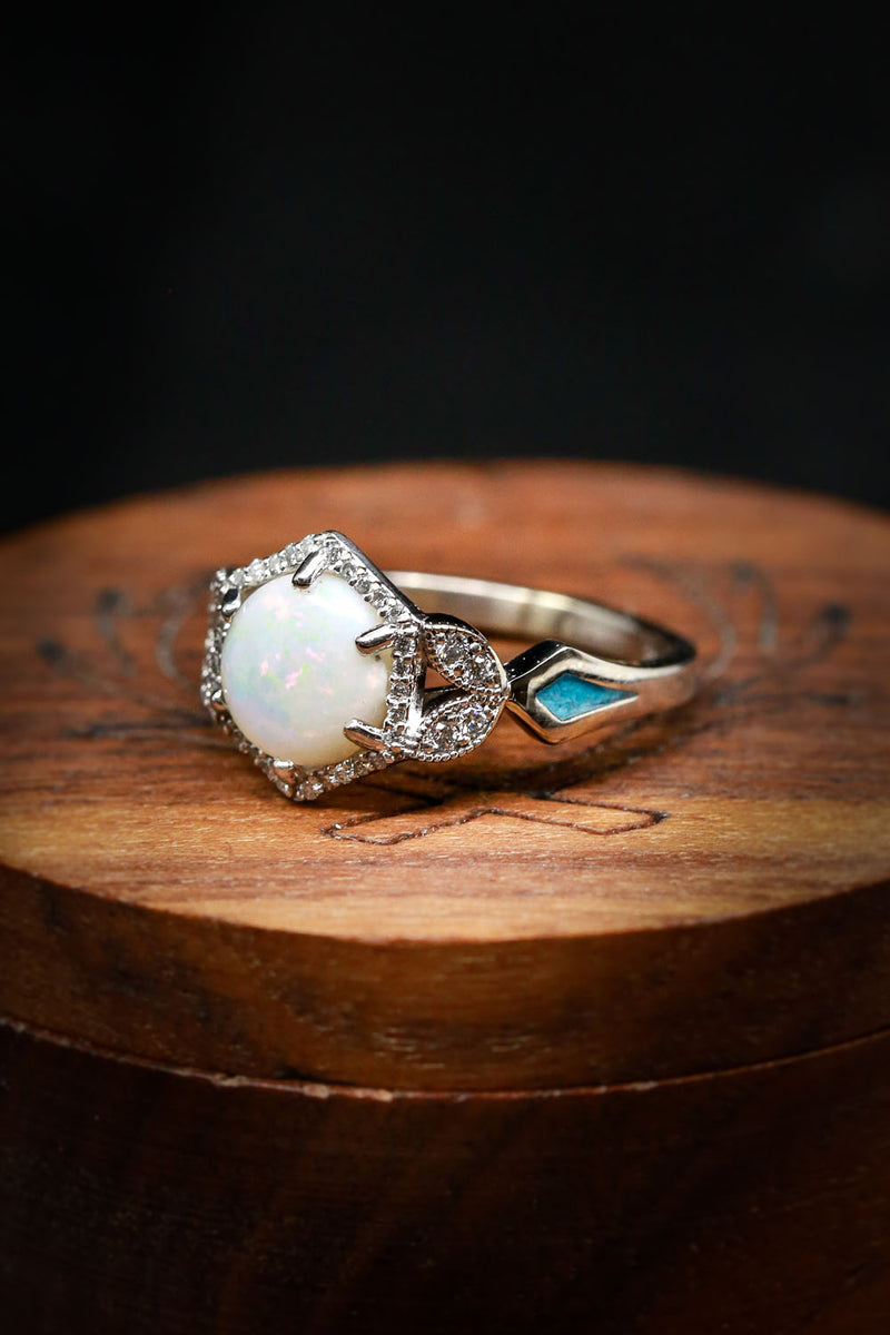 "LUCY IN THE SKY" - ROUND CUT WHITE OPAL ENGAGEMENT RING WITH DIAMOND ACCENTS & TURQUOISE INLAYS WITH DIAMOND TRACER