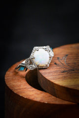  Shown here is The "Lucy in the Sky" , a halo-style round opal women's engagement ring with delicate and ornate details and is available with many center stone options-Turquoise & White Opal Engagement Ring - Staghead Designs