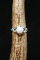 "LUCY IN THE SKY" - ROUND CUT WHITE OPAL ENGAGEMENT RING WITH DIAMOND ACCENTS & TURQUOISE INLAYS WITH DIAMOND TRACER