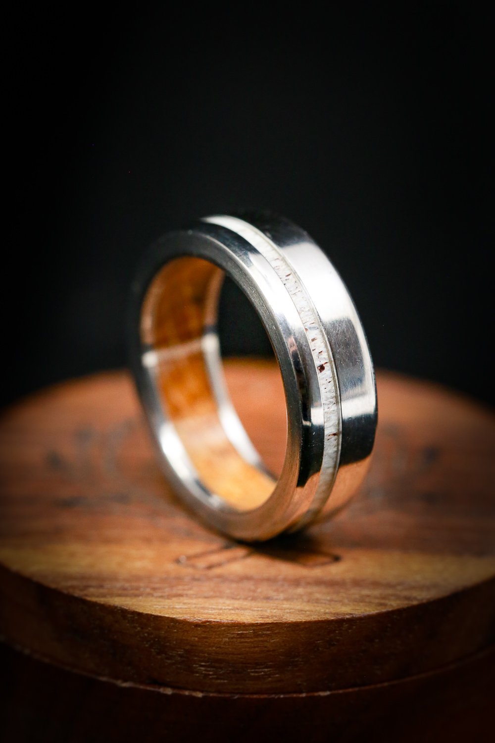 "VERTIGO" - ANTLER WEDDING BAND FEATURING A WHISKEY BARREL OAK LINING-10