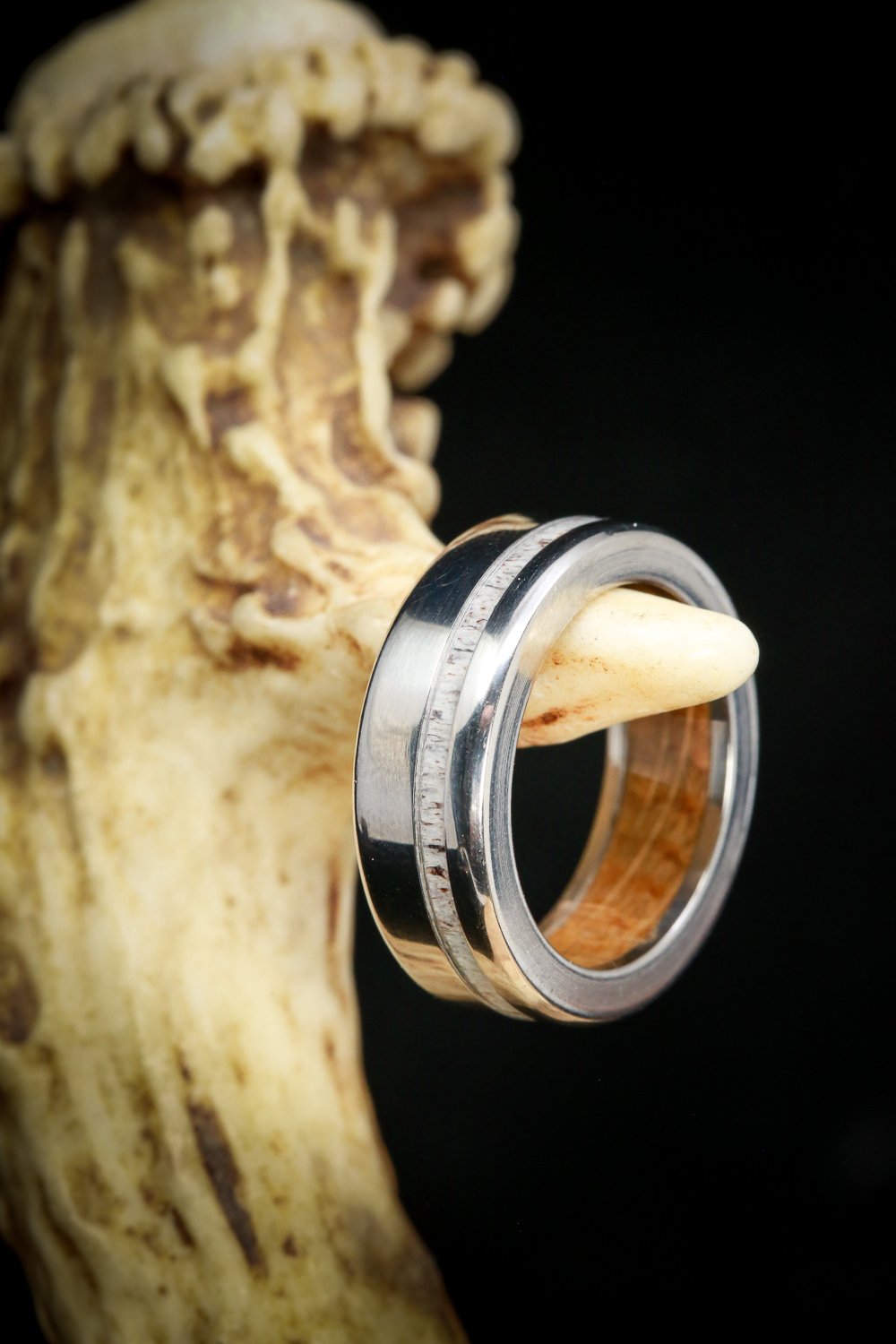 "VERTIGO" - ANTLER WEDDING BAND FEATURING A WHISKEY BARREL OAK LINING-11