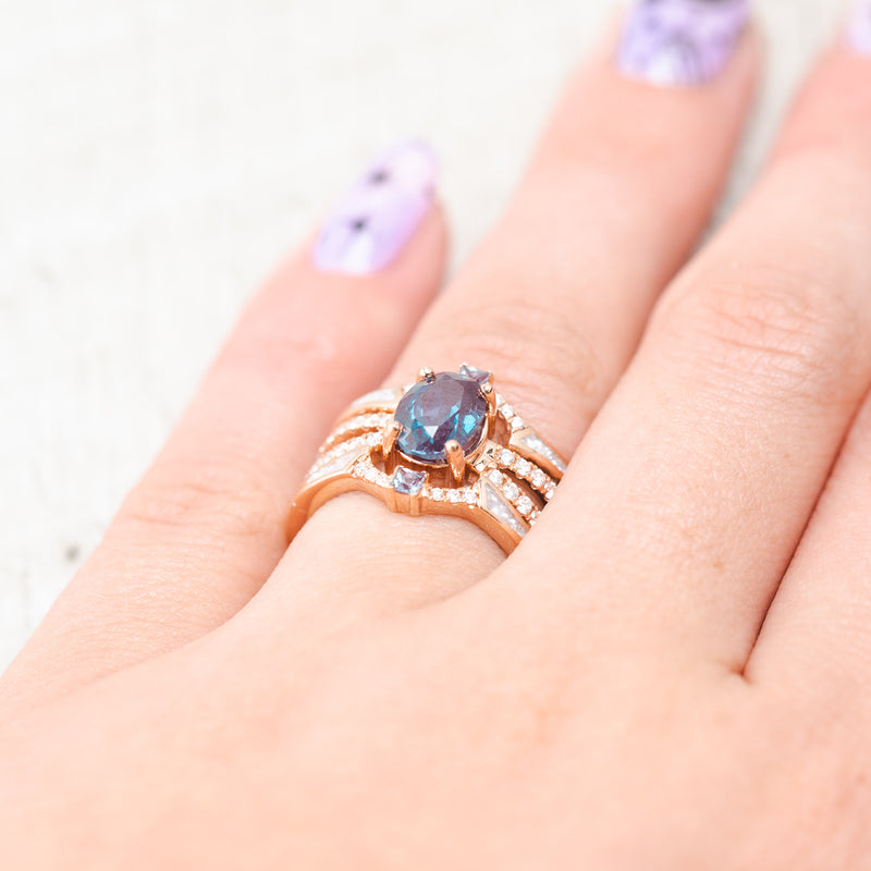 "ANASTASIA" - BRIDAL SUITE - OVAL LAB-GROWN ALEXANDRITE ENGAGEMENT RING WITH ALEXANDRITE & DIAMOND ACCENT TRACER-18