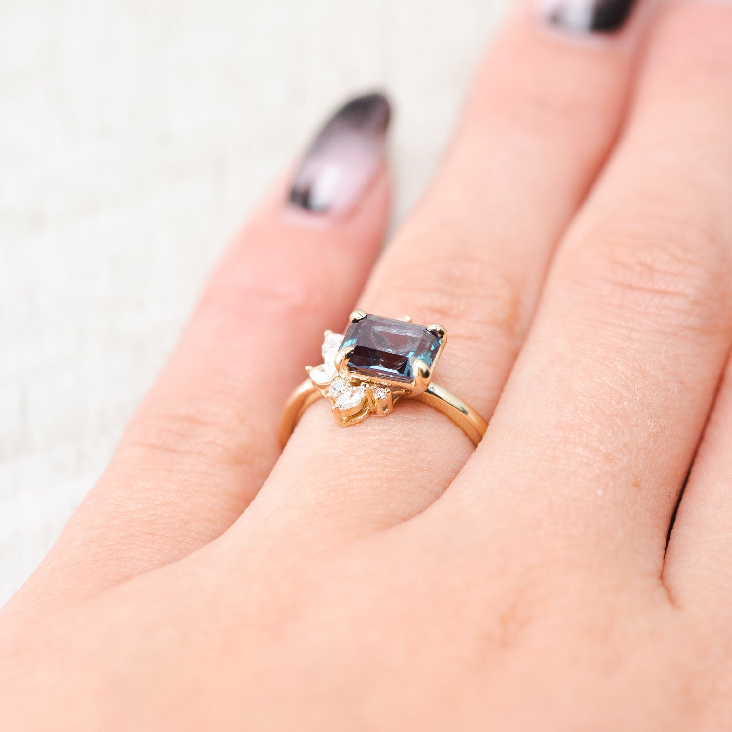 "AURAE" - EMERALD CUT LAB-GROWN ALEXANDRITE ENGAGEMENT RING WITH DIAMOND ACCENTS-18