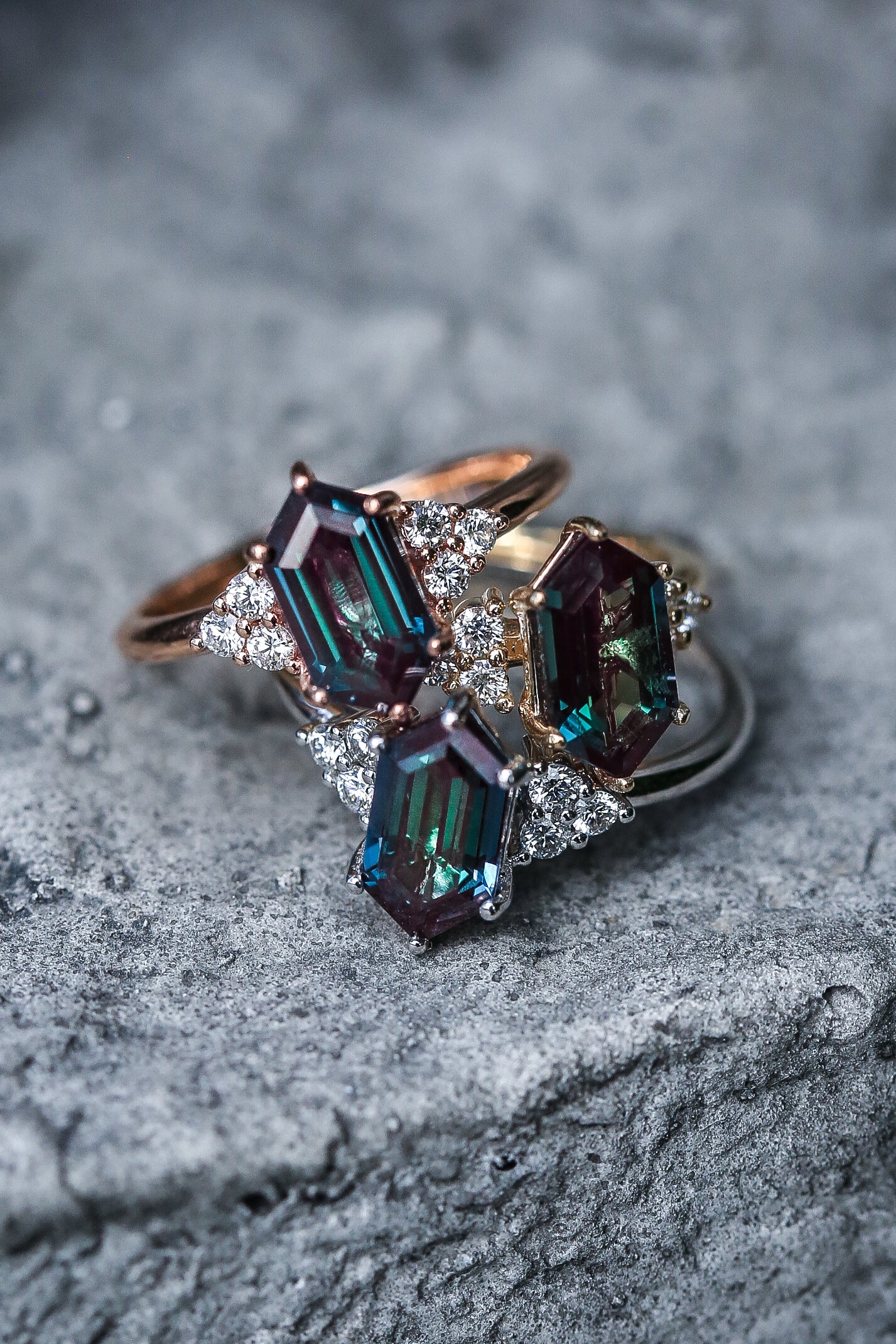 "OCTAVIA" - ELONGATED HEXAGON LAB-GROWN ALEXANDRITE ENGAGEMENT RING WITH DIAMOND ACCENTS-19