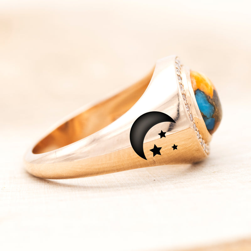 "ARLA" - ROUND CUT SPINY OYSTER TURQUOISE ENGAGEMENT RING WITH DIAMOND ACCENTS