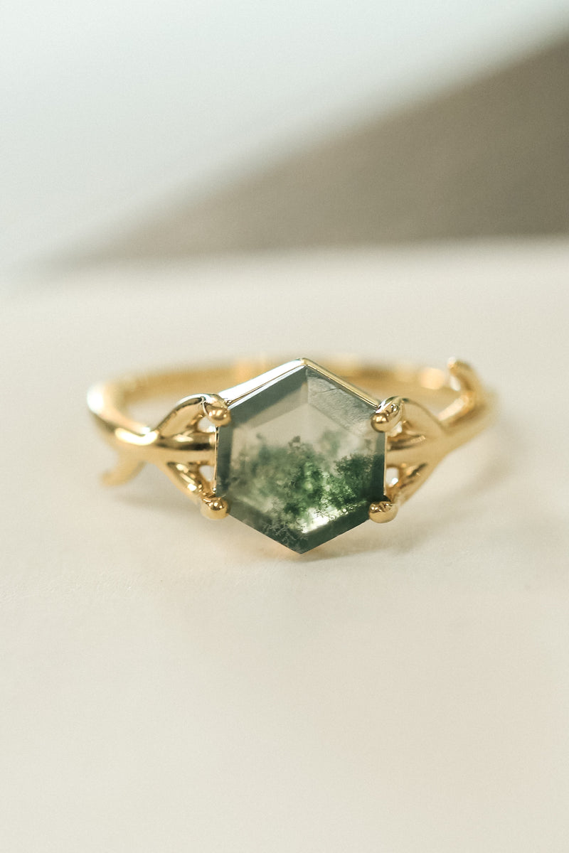 "ARTEMIS" - HEXAGON MOSS AGATE ENGAGEMENT RING WITH AN ANTLER-STYLE STACKING BAND
