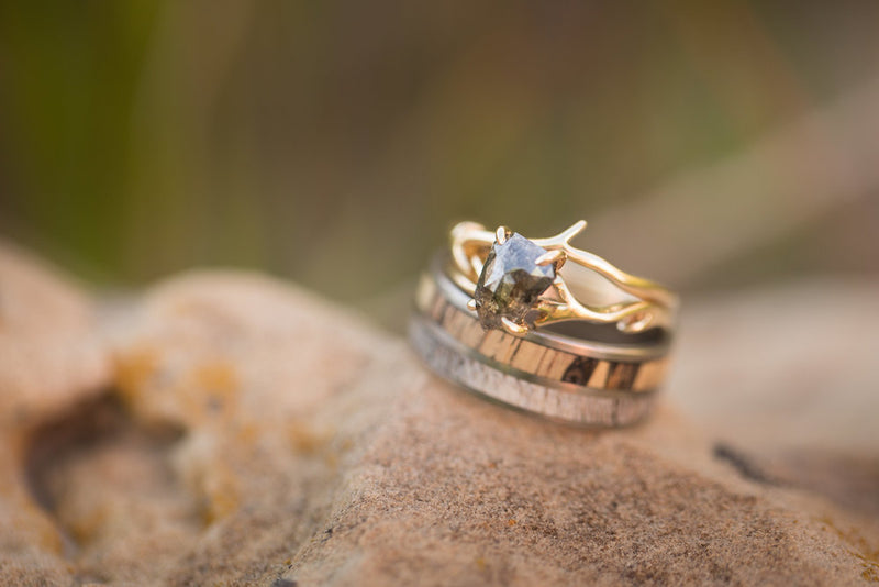 "ARTEMIS" - SALT & PEPPER DIAMOND SET ON 14K GOLD ANTLER/TWIG STYLE WEDDING BAND (available in 14K rose, white & yellow gold) - Staghead Designs - Antler Rings By Staghead Designs
