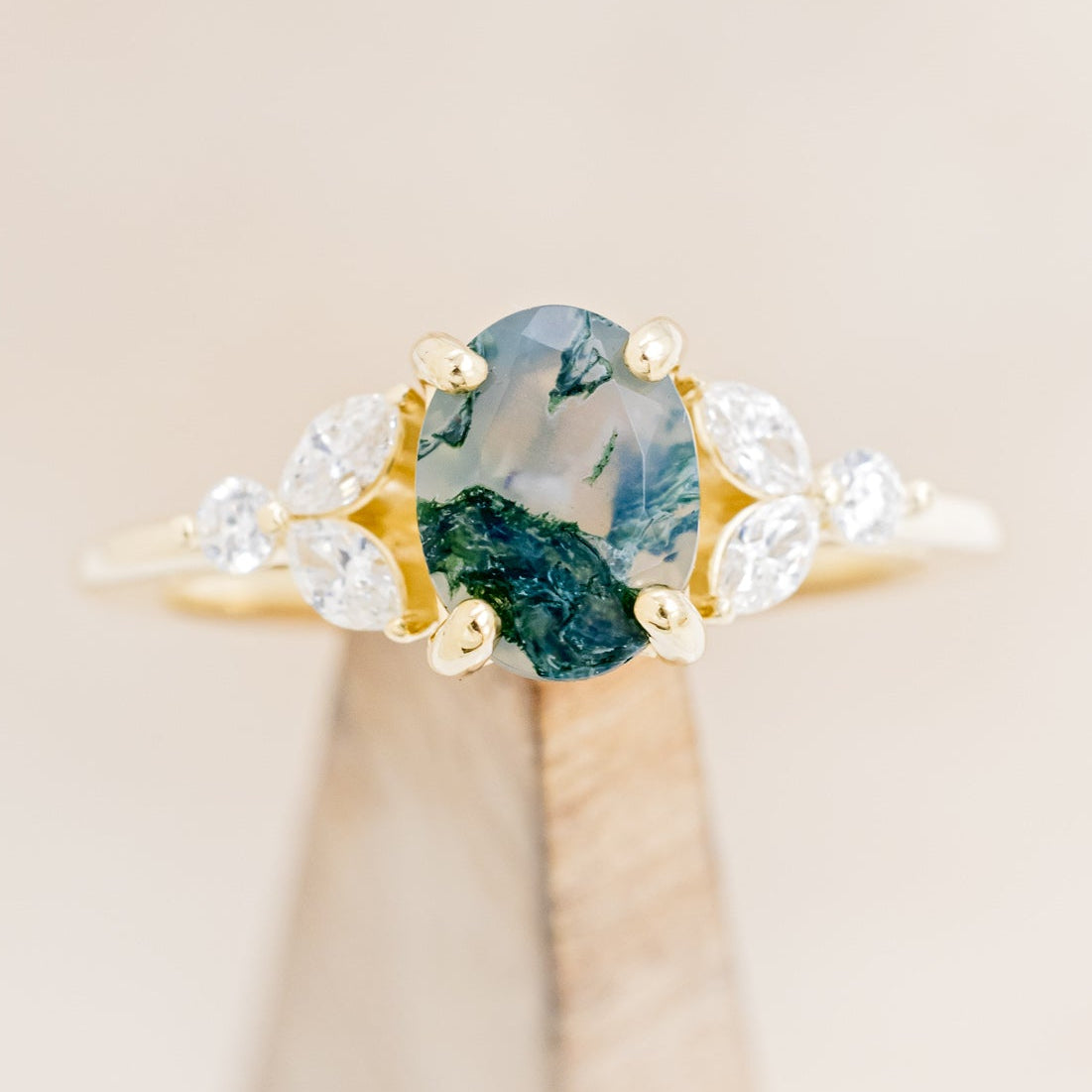 "BLOSSOM" - OVAL-CUT MOSS AGATE ENGAGEMENT RING WITH LEAF-SHAPED DIAMOND ACCENTS-8