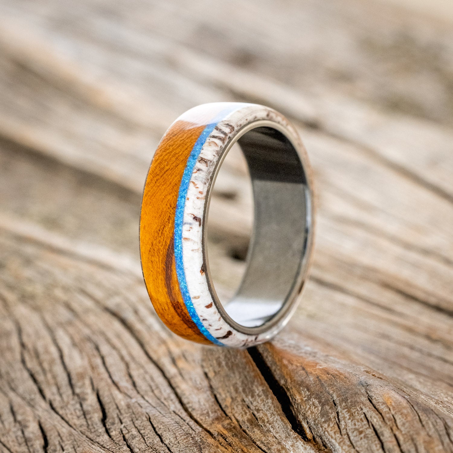 "ARGOS" - BLUE OPAL, IRONWOOD & ANTLER WEDDING BAND - READY TO SHIP-7