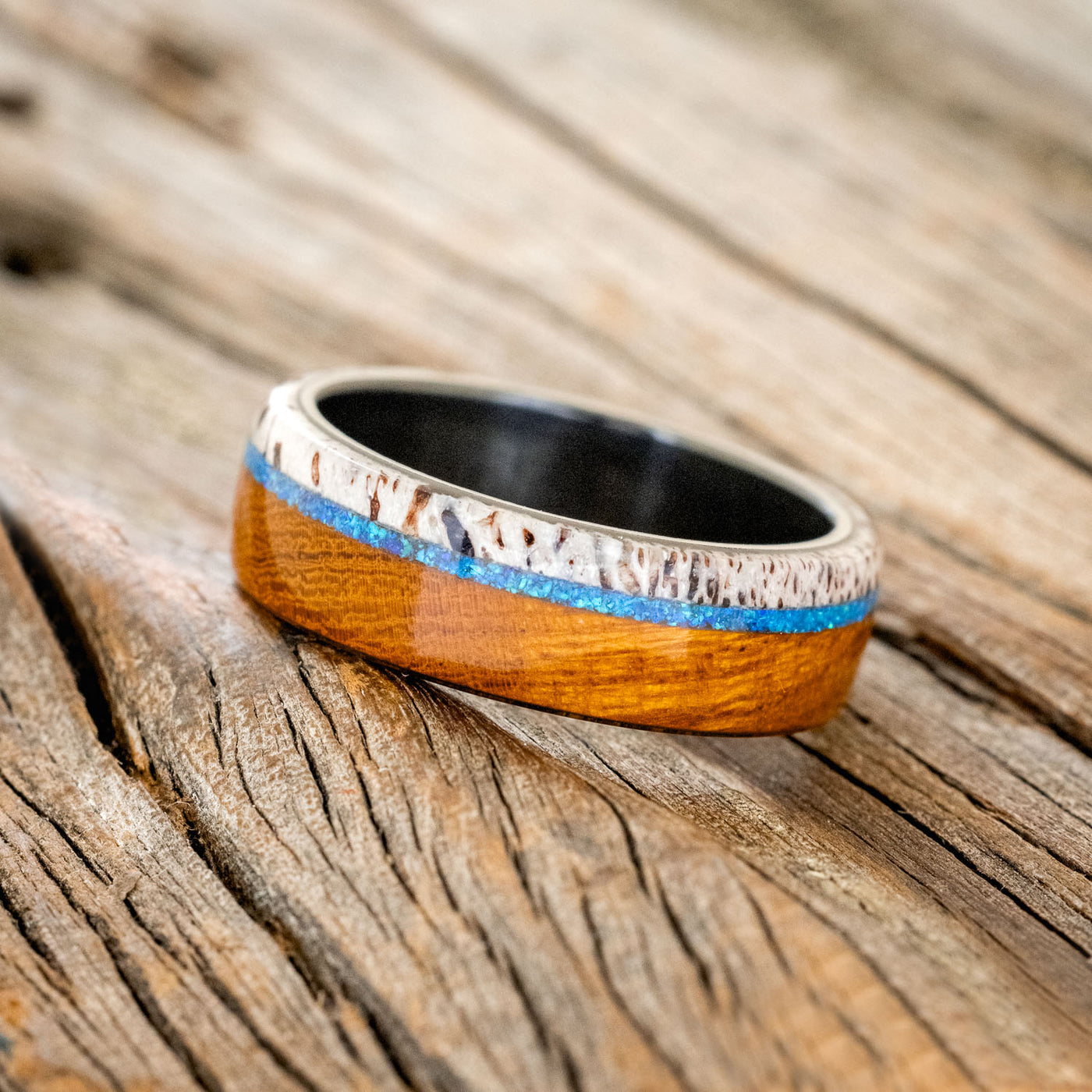 ARGOS BLUE OPAL IRONWOOD ANTLER WEDDING BAND READY TO SHIP