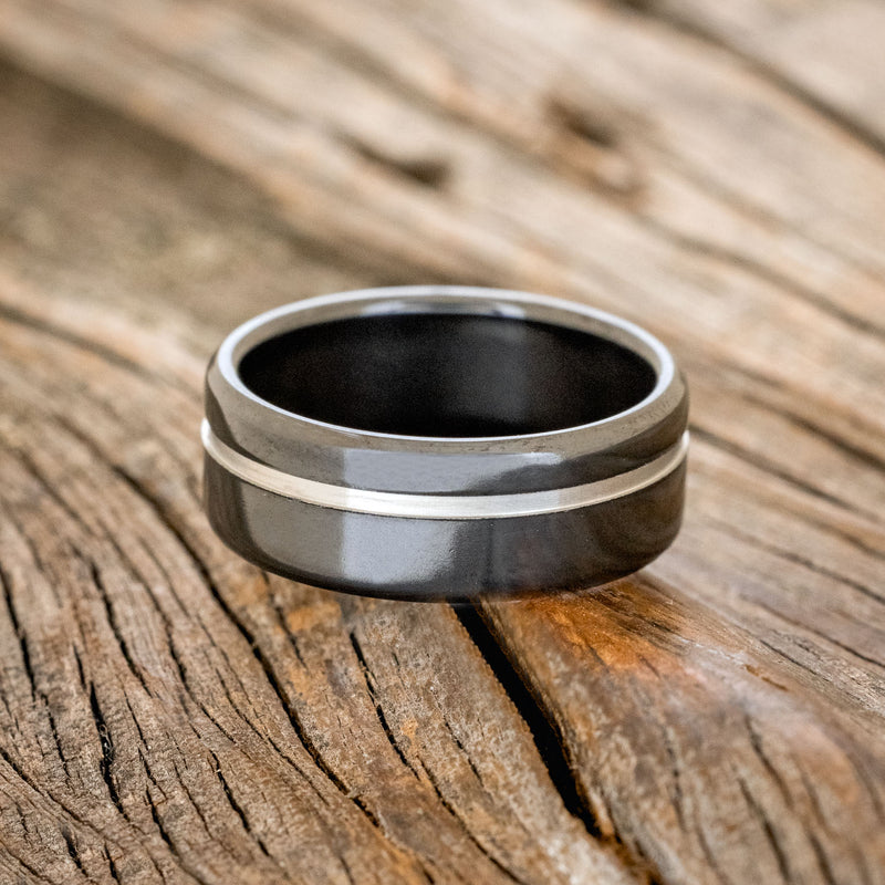 BLACK ZIRCONIUM WEDDING BAND WITH OFFSET CUT ETCHING - READY TO SHIP