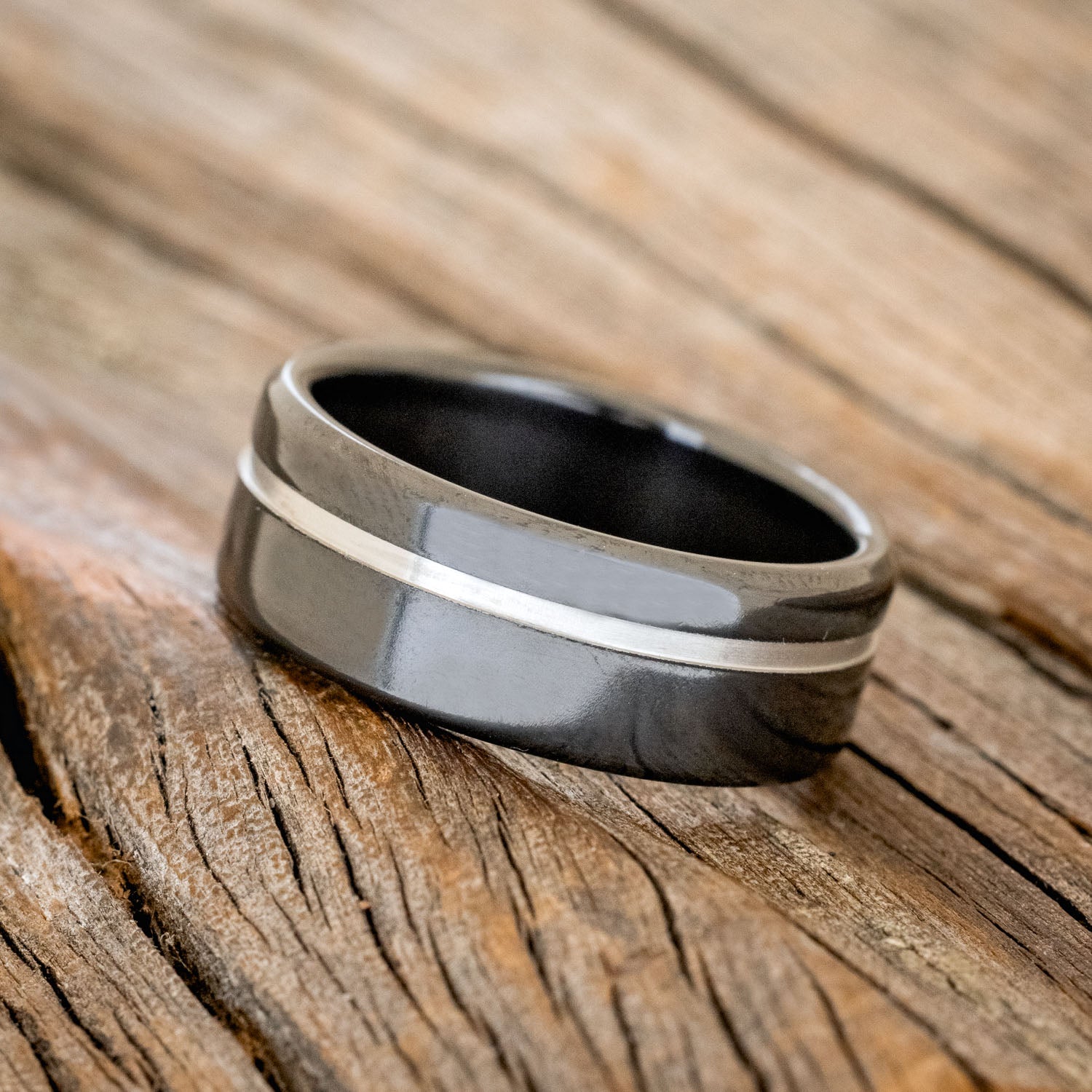 BLACK ZIRCONIUM WEDDING BAND WITH OFFSET CUT ETCHING - READY TO SHIP-2