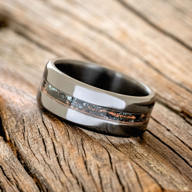 "NIRVANA" - CENTERED PATINA COPPER WEDDING RING FEATURING A DAMASCUS STEEL BAND