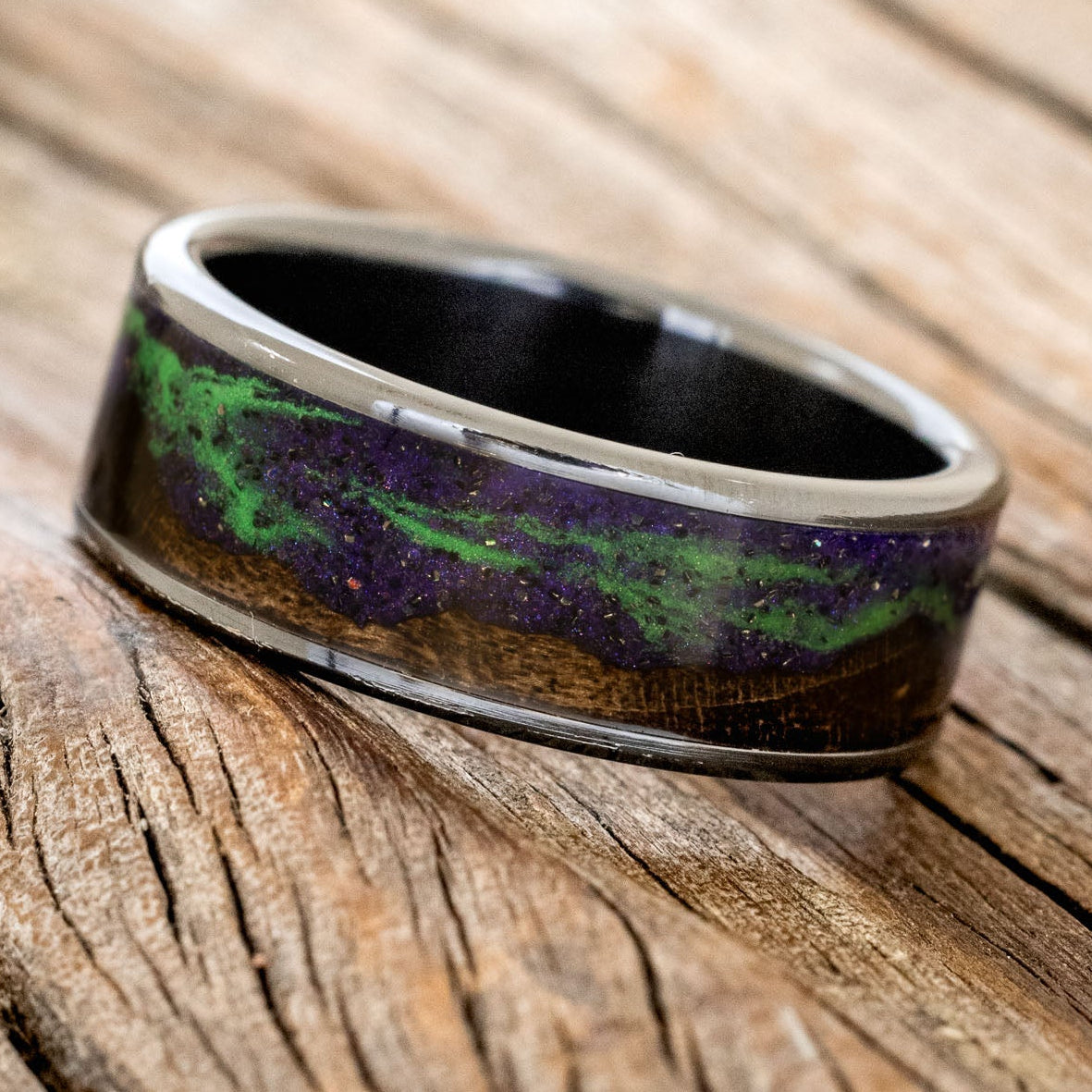 "BOREALIS" - MOUNTAIN ENGRAVED WEDDING RING WITH DARK MAPLE WOOD & GLOW IN THE DARK NORTHERN LIGHTS-13