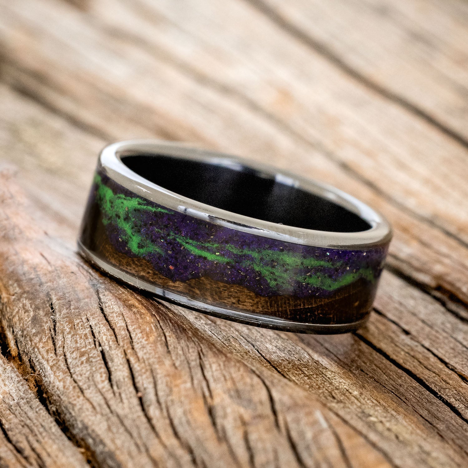 "BOREALIS" - MOUNTAIN ENGRAVED WEDDING RING WITH DARK MAPLE WOOD & GLOW IN THE DARK NORTHERN LIGHTS-13