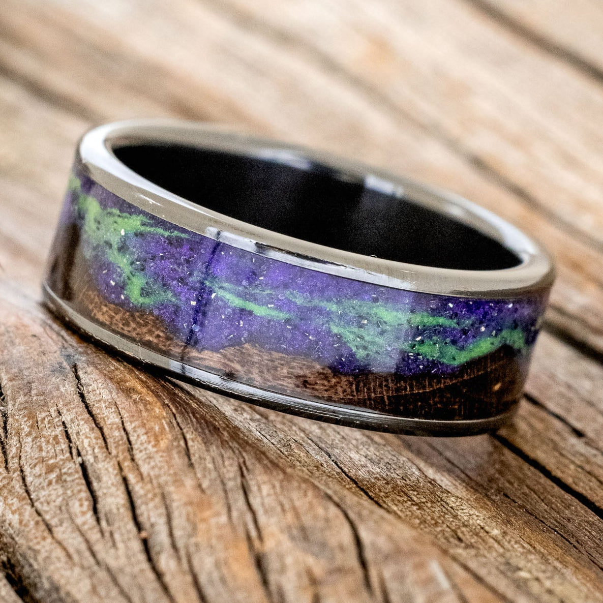 "BOREALIS" - MOUNTAIN ENGRAVED WEDDING RING WITH DARK MAPLE WOOD & GLOW IN THE DARK NORTHERN LIGHTS-10