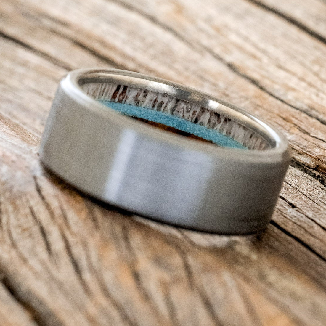 "ARGOS" - ANTLER, IRONWOOD & TURQUOISE LINED WEDDING BAND WITH BRUSHED FINISH-20
