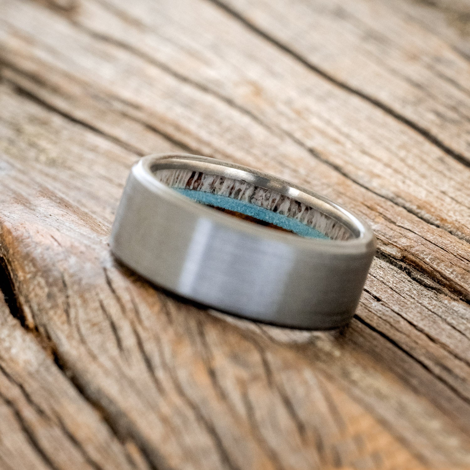 "ARGOS" - ANTLER, IRONWOOD & TURQUOISE LINED WEDDING BAND WITH BRUSHED FINISH-20