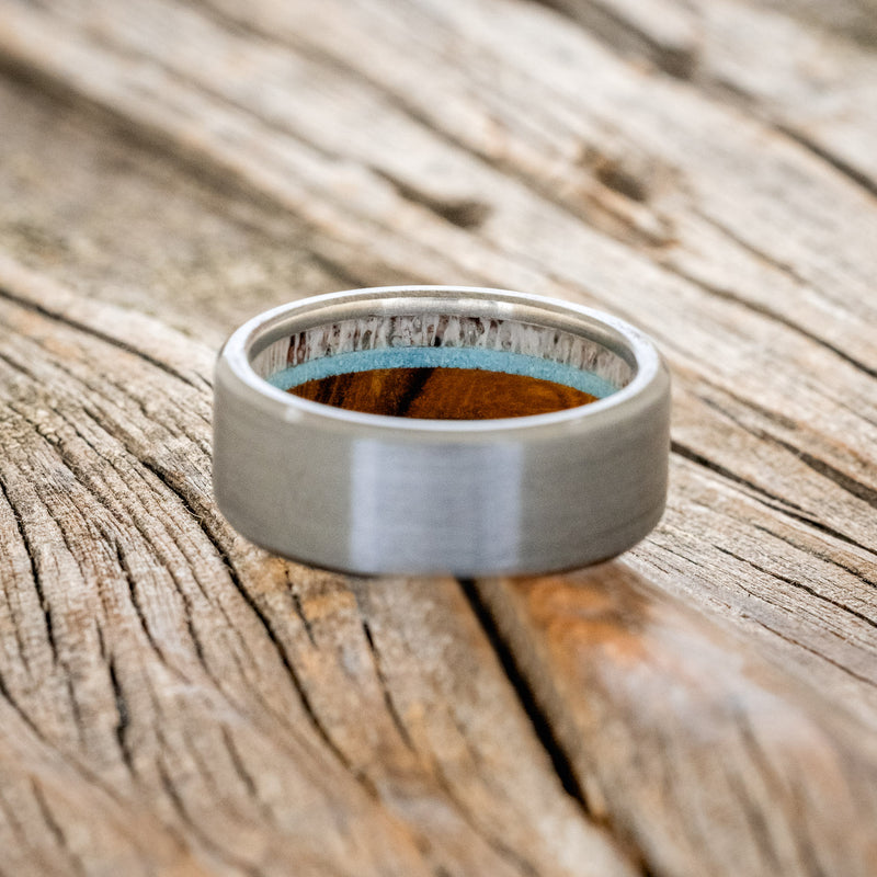 "ARGOS" - ANTLER, IRONWOOD & TURQUOISE LINED WEDDING BAND WITH BRUSHED FINISH - READY TO SHIP-3