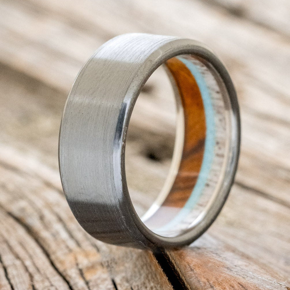 "ARGOS" - ANTLER, IRONWOOD & TURQUOISE LINED WEDDING BAND WITH BRUSHED FINISH-19