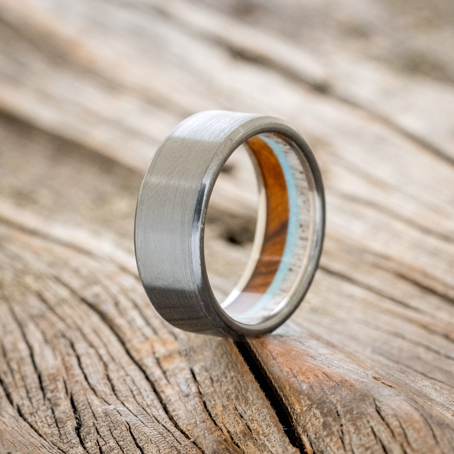 "ARGOS" - ANTLER, IRONWOOD & TURQUOISE LINED WEDDING BAND WITH BRUSHED FINISH-19