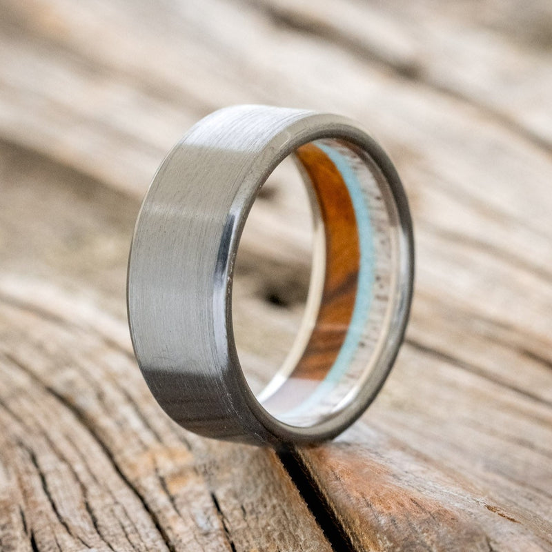 "ARGOS" - ANTLER, IRONWOOD & TURQUOISE LINED WEDDING BAND WITH BRUSHED FINISH - READY TO SHIP-1